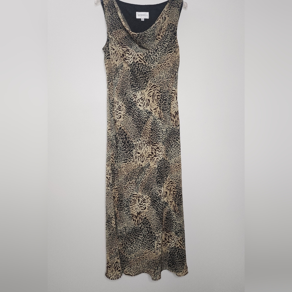Studio I Maxi Dress Women 10 Animal Print‎ Brown Sleeveless Cowl Neck Evening